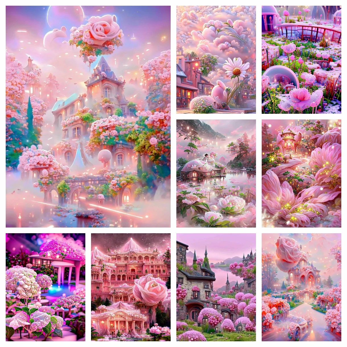 

Dream Pink Flower Garden Full Diamond Painting AB Drills Crystal Art Fantasy Fairyland Castle Scenery Cross Stitch Home Decor