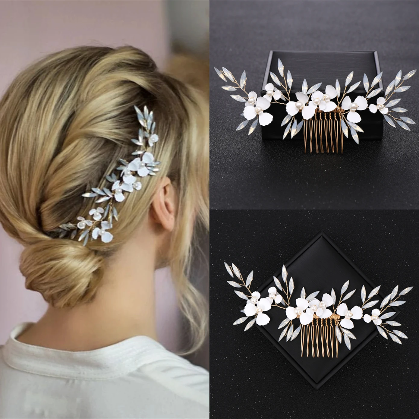 

Gold Tiara Hair Combs Pearls Crystal Women Hair Jewelry Rhinestone Handmade Flower Hair Combs Bridal Wedding Hair Accessories