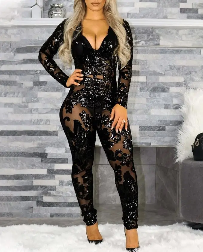 

Sexy Jumpsuits for Women 2022 Elegant Night Party Contrast Sequin Plunging Neck Sheer Mesh Long Sleeve Plunge Skinny Jumpsuit