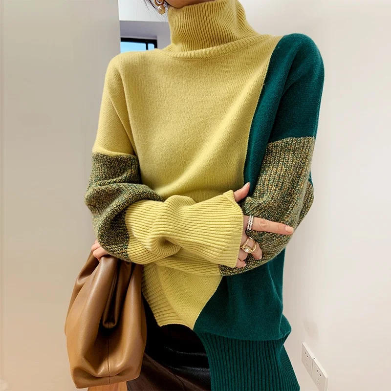 Women's Turtleneck Contrast-color Sweater Loose Autumn Winter New Patchwork Knitted Bottoming-shirt Irregular Pullover Sweaters
Women's Turtleneck Contrast-color Sweater Loose Autumn Winter New Patchwork Knitted Bottoming-shirt Irregular Pullover Sweaters