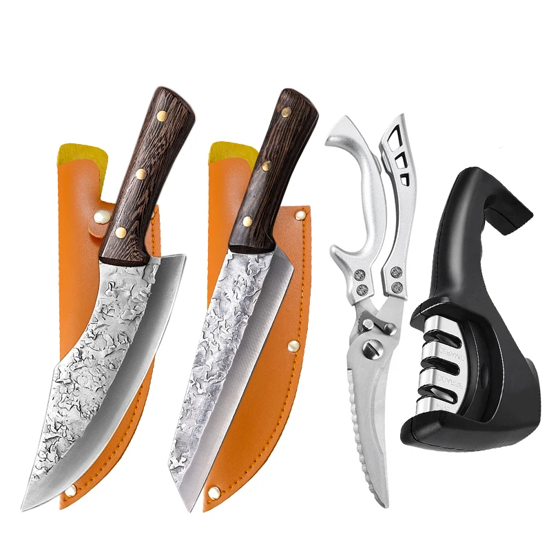 

Кованый нож шеф-повара из нержавеющей стали, 8 дюймов, уличные ножи для обвалки, мясницкий нож с оболочкой, точилка для ножниц