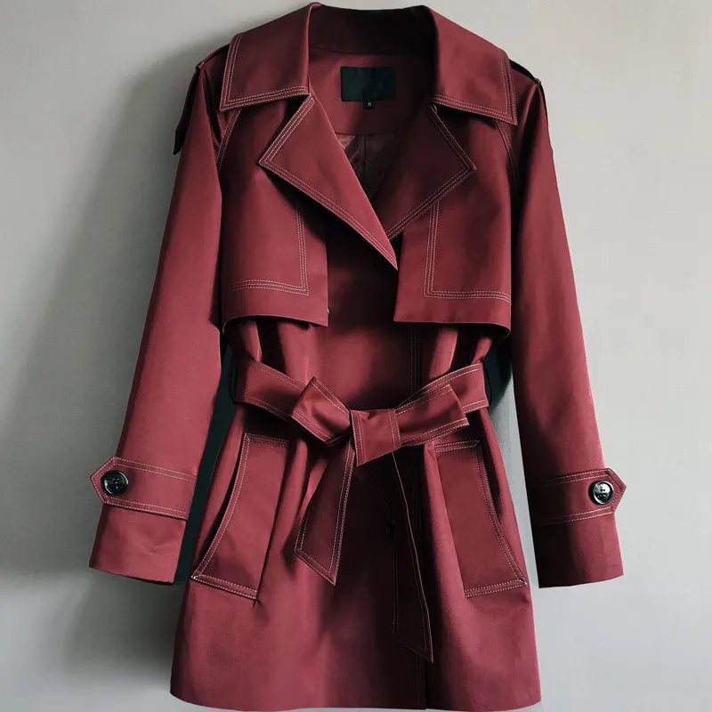 

Spring Autumn Vintage Mid Long Burgundy Black Trench Coat Women Windbreaker Belt Big Pocket Long Sleeve Loose Overcoat Female