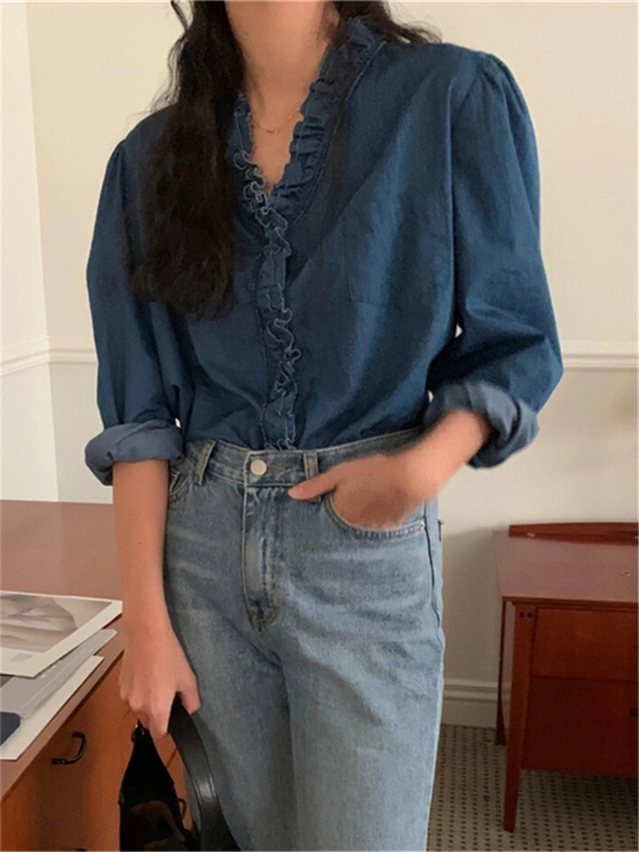 Женская Джинсовая блузка, элегантная винтажная офисная блузка с пышными рукавами в Корейском стиле, одежда для осени и зимы, 2022
Женская Джинсовая блузка, элегантная винтажная офисная блузка с пышными рукавами в Корейском стиле, одежда для осени и зимы, 2022