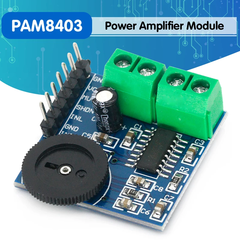 

Плата усилителя мощности PAM8403 класса D, модуль 5 В, 3 Вт * 2, аудио стерео усилитель, управление громкостью, звуковая плата, усилитель для динами...