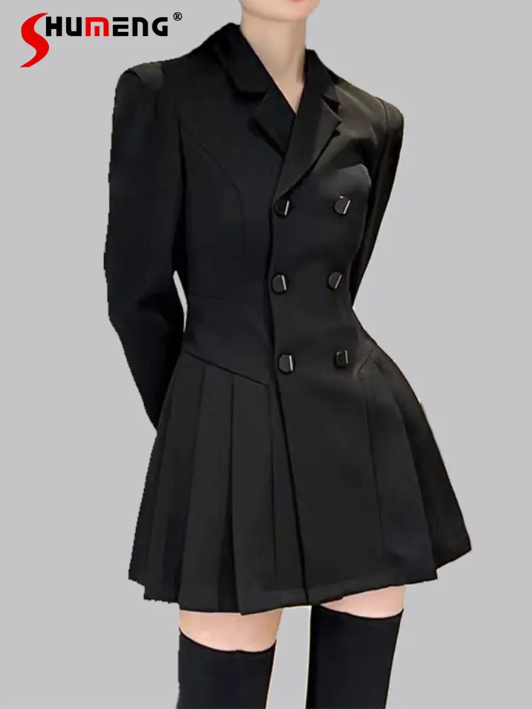 

Черные Костюмные платья с длинным рукавом, Новинка осени 2023, элегантный двубортный костюм большого размера с высокой талией, женский пиджак средней длины