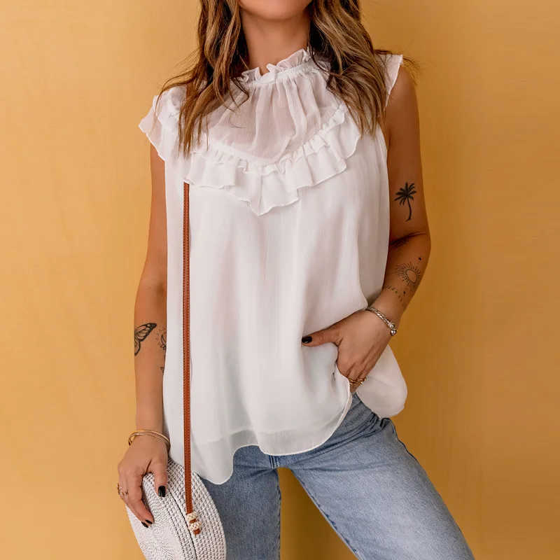 Summer Women Chiffon Lace Splice Shirt O-Neck Sleeveless Solid Color Blouses Femme Casual Top Casusl Loose Shirts
Summer Women Chiffon Lace Splice Shirt O-Neck Sleeveless Solid Color Blouses Femme Casual Top Casusl Loose Shirts