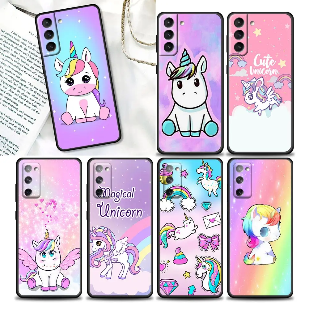 

Cute Rainbow Unicorn Phone Case For Samsung Galaxy S20 S21 FE S10 S9 S8 S22 Plus Ultra 5G S10e Lite Luxury Case Black Soft Cover