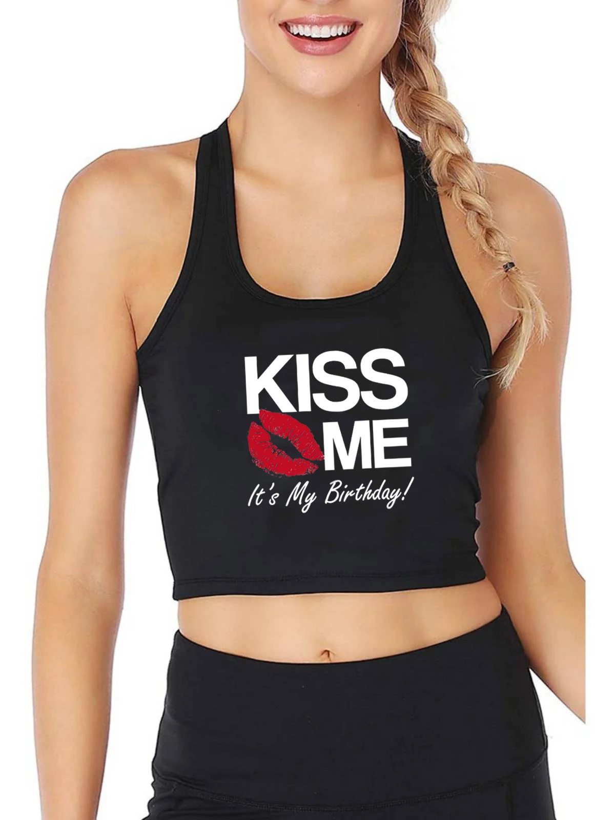 

Lips Graphics Kiss Me It's My Birthday Design Sexy Slim Fit Crop Top Hotwife Naughty Personalized Tank Top Customizable Camisole