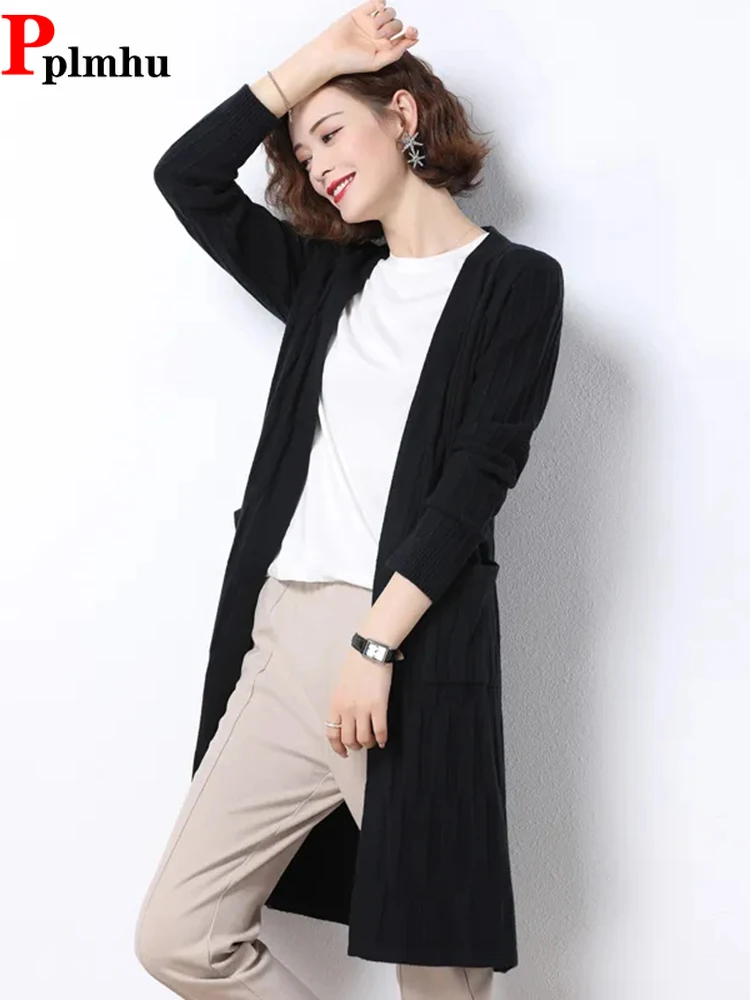 

Korean Long Sleeve Top Elegant Knitewear Gilet Fall Casual Women V-neck Sweater Loose Oversize 4xl Mid-length Knitted Cardigan