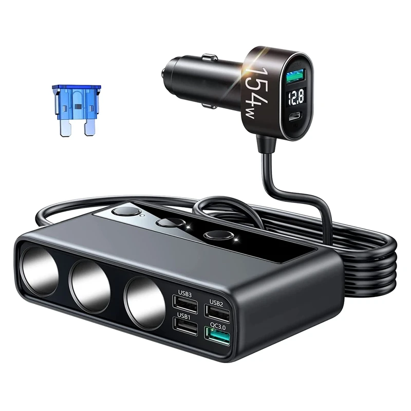 3 Socket Splitter 9 In 1 Car Charger Adapter With PD/QC 3.0X2 Quick Charge, 154W 12V/24V Independent Switches
3 Socket Splitter 9 In 1 Car Charger Adapter With PD/QC 3.0X2 Quick Charge, 154W 12V/24V Independent Switches