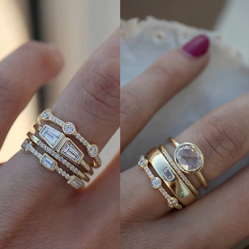 4 pcs/set Geometric Gold Color Combination Round Zircon Crystal Rings Set for Women Engagement Party Wedding Rings Hand Jewelry
4 pcs/set Geometric Gold Color Combination Round Zircon Crystal Rings Set for Women Engagement Party Wedding Rings Hand Jewelry