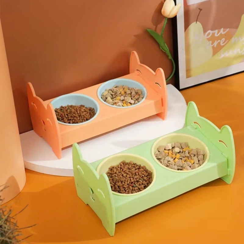 

Cat Elevated Double Bowl Feeder Food Feed Dog Bowls Pet Bowl With Inclination Stand Cats Feeder Feeding Bowl Kitten Supplies