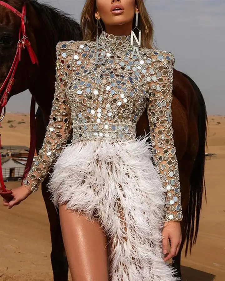 Sexy High Split Sequin Feather Asymmetry Evening Party Dress Women 2023 Summer Stand Neck Long Sleeve Club Vestido Woman's Dress
Sexy High Split Sequin Feather Asymmetry Evening Party Dress Women 2023 Summer Stand Neck Long Sleeve Club Vestido Woman's Dress