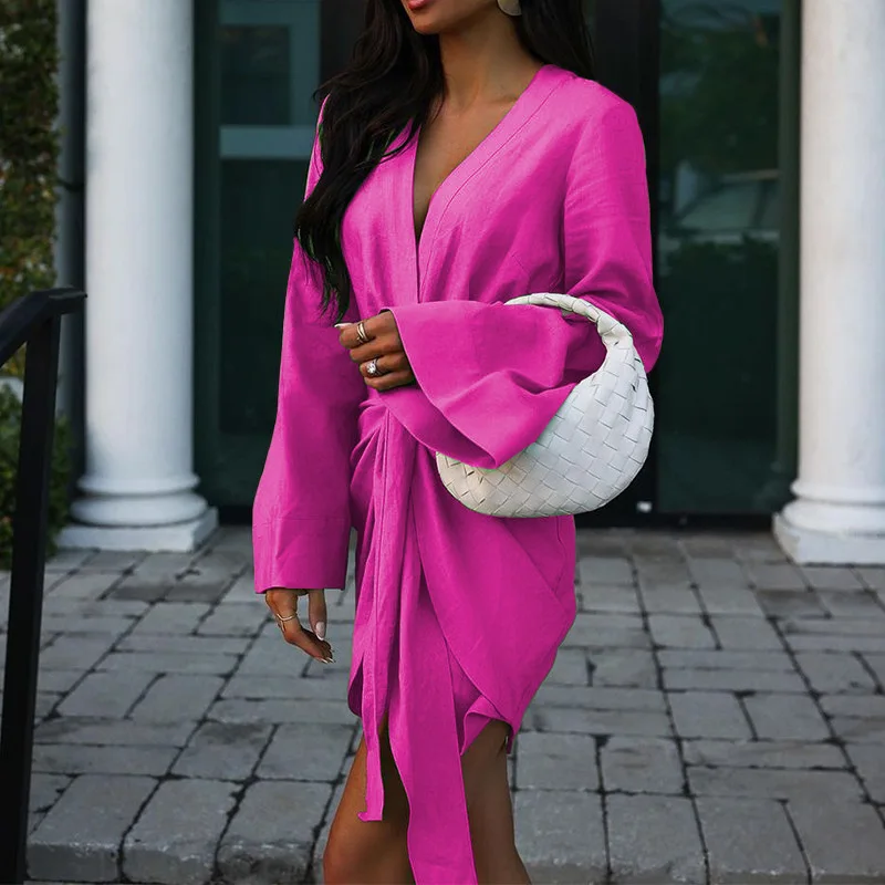 Women Pleated Lace-up Draped Office Dress Elegant V Neck Solid Color Chic Mini Dress Female Spring Long Sleeve Split Party Dress
Women Pleated Lace-up Draped Office Dress Elegant V Neck Solid Color Chic Mini Dress Female Spring Long Sleeve Split Party Dress