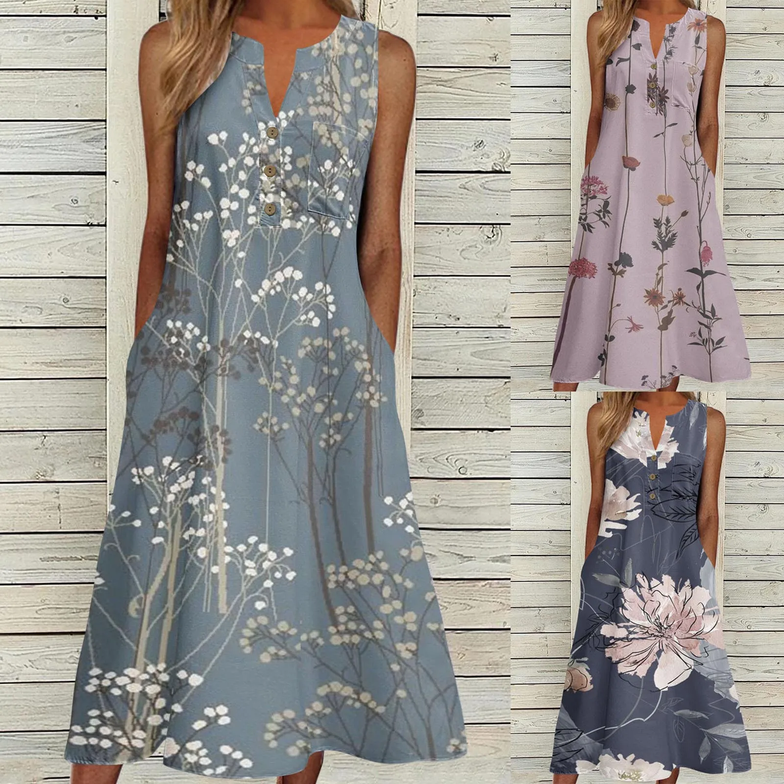 Women V Neck Dresses Sleeveless Button Printing T Shirt Midi Dress Casual Loose Sundress With Pockets Dress Slip Dress Women 
Women V Neck Dresses Sleeveless Button Printing T Shirt Midi Dress Casual Loose Sundress With Pockets Dress Slip Dress Women