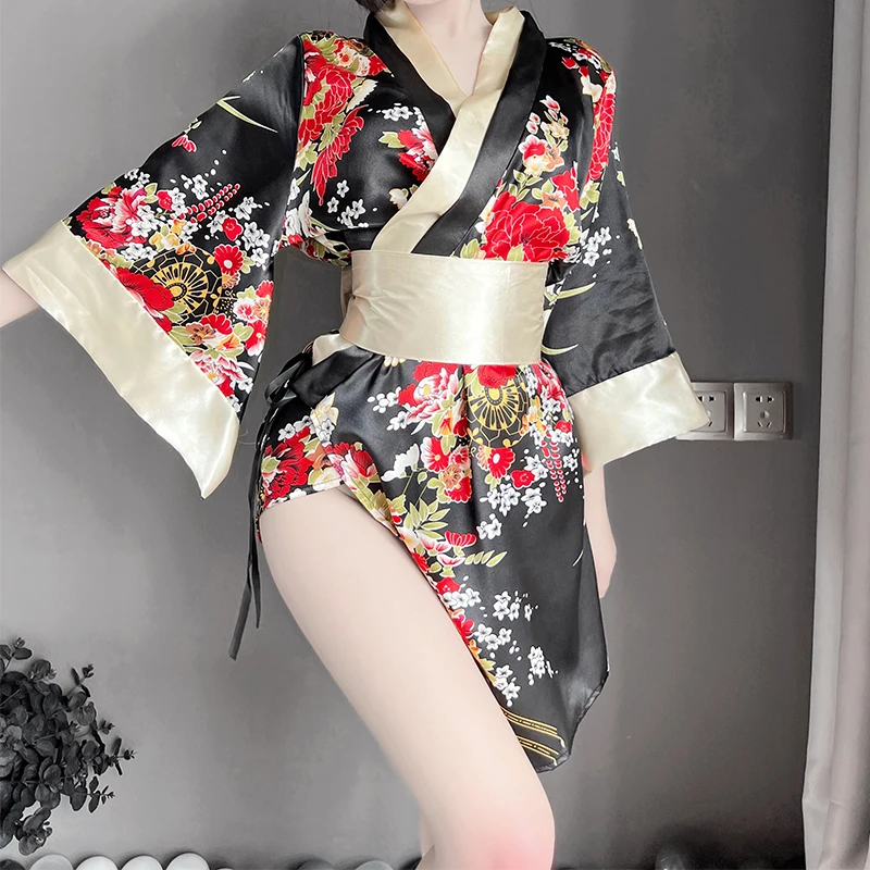 

Кимоно женское традиционное, пикантный халат в японском стиле, юката, пижамный комплект с мягким шелковым ремнем, нижнее белье, черный красн...