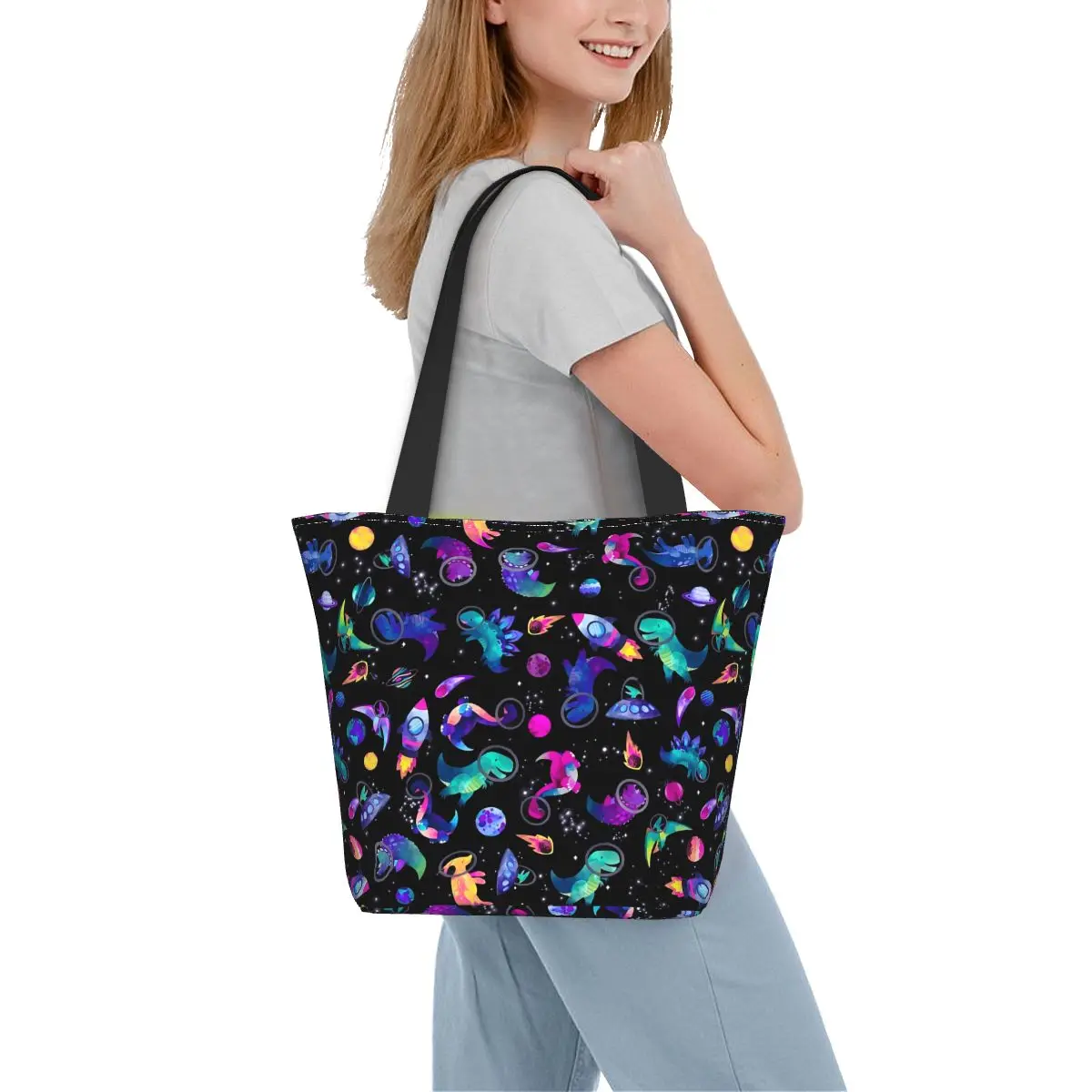 

Сумка-шоппер с изображением космоса динозавра, акварельные сумки с изображением животных для отдыха, сумка-тоут из полиэстера для колледжа, женская дизайнерская сумка через плечо