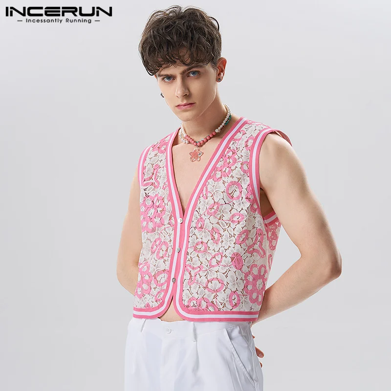 

Stylish Party Shows Style Tops INCERUN Handsome Men Lace Funny Printed Vests Casual Male Hot selling Sleeveless Waistcoat S-5XL