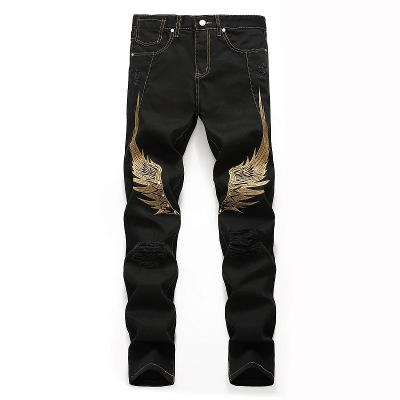 

High Quality Jeans Mens Rock Hip Hop Studs Embroidery Gold Wings Pants Motorcycle Biker Street Fashion Vintage Ripped Straight