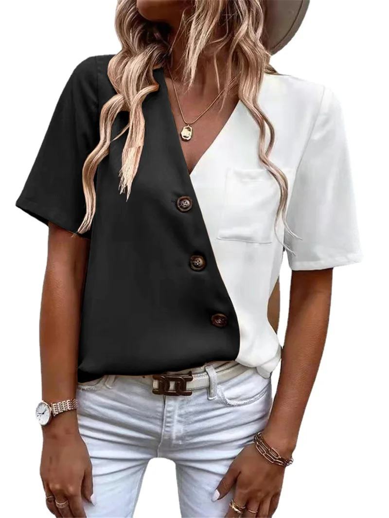 2022 New Summer V-neck Chiffon Fashion Contrast Color Short-sleeved Shirt Women's Top
2022 New Summer V-neck Chiffon Fashion Contrast Color Short-sleeved Shirt Women's Top