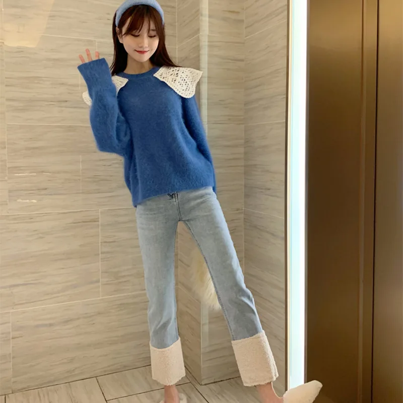 2022 Winter Women Plush Jeans Thicken Warm High Waist Nine Point Long Pants Korean Design Winter Female Jeans 
2022 Winter Women Plush Jeans Thicken Warm High Waist Nine Point Long Pants Korean Design Winter Female Jeans