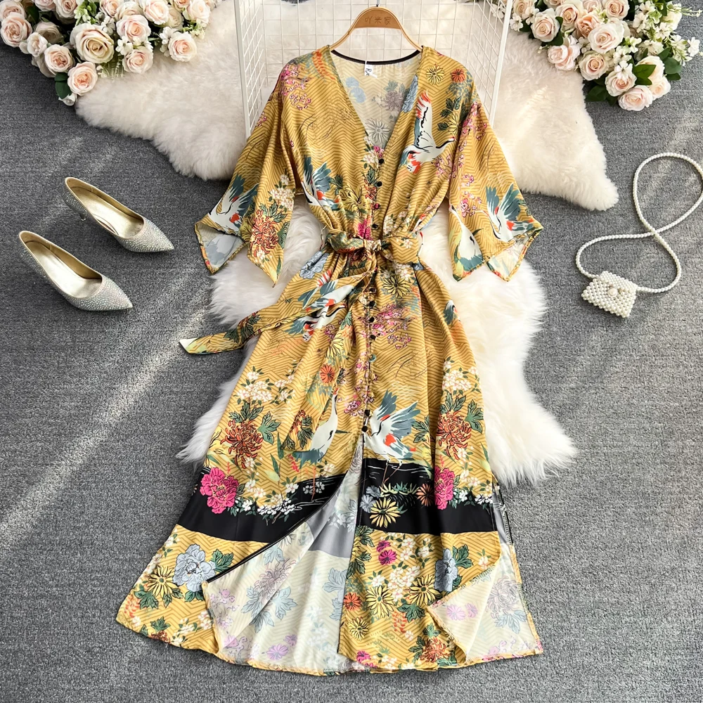 

2022 Summer New Retro Crane Print Kimono Waist Bow Tie Loose Seaside Sanya Vacation V-neck Split Dress