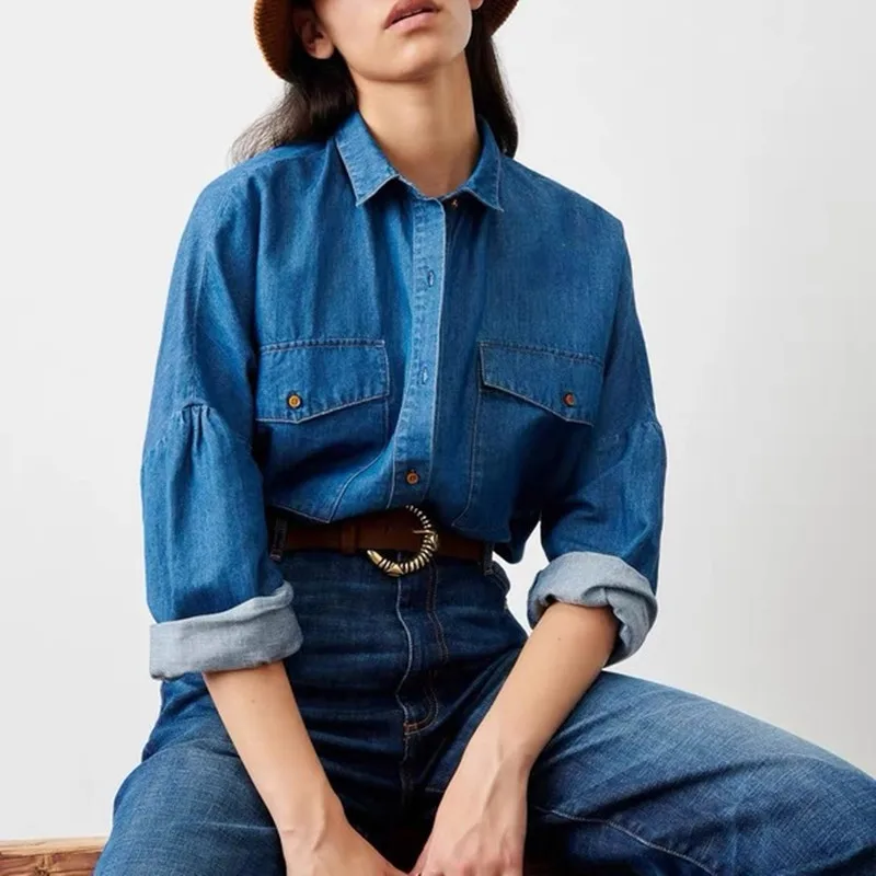 Women Long Sleeve Denim Blouse Single Breasted Turn Down Collar Shirt with Double Pockets
Women Long Sleeve Denim Blouse Single Breasted Turn Down Collar Shirt with Double Pockets