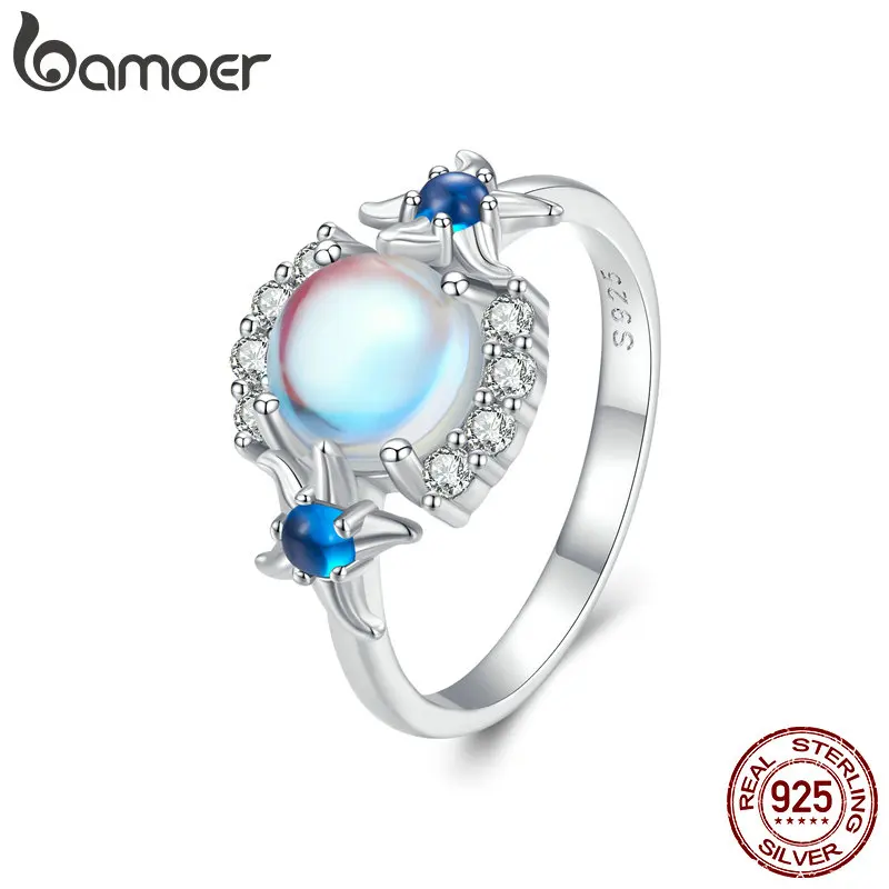 

Bamoer 925 Sterling Silver Dazzling Round Moonstone Ring Starfish Finger Ring Pave Setting CZ for Women Fine Jewelry BSR446