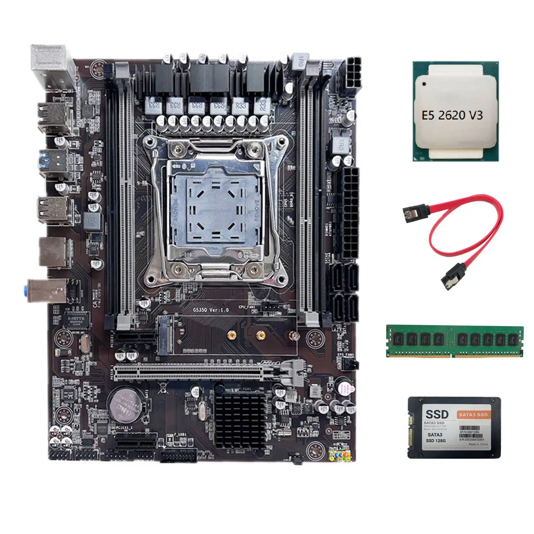 

X99 Motherboard LGA2011-3 Computer Motherboard with E5 2620 V3 CPU+SATA3 SSD 128G+DDR4 4GB 2133Mhz RAM+SATA Cable