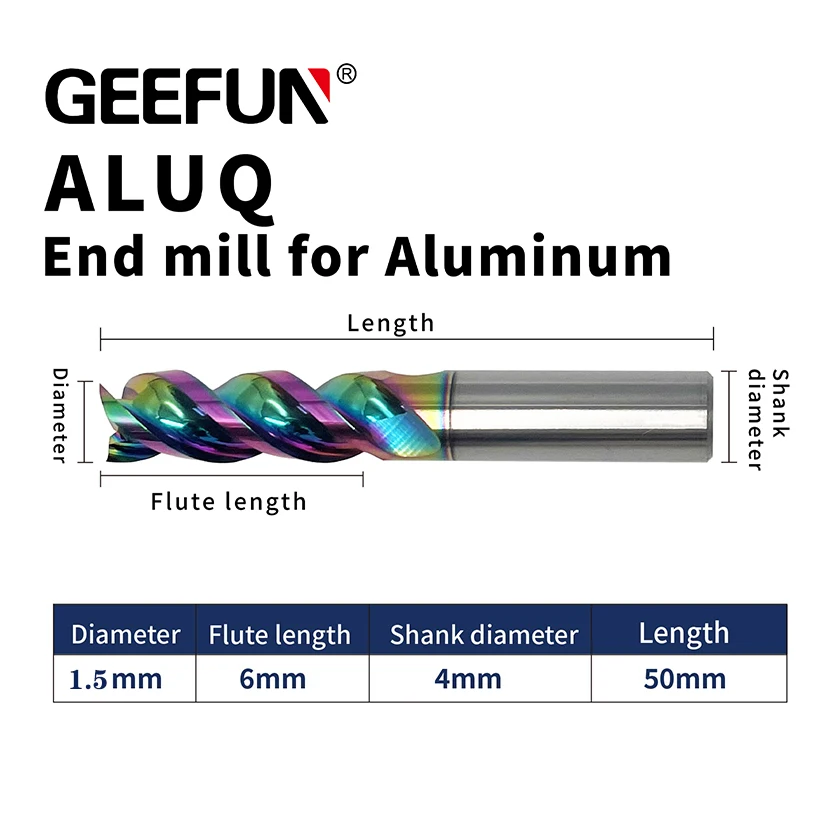 GEEFUN D.i.A 1.5mm / Length 50mm Customization 55HRC 4mm 6mm 8mm 10mm 3 Flute Tungsten Steel Solid Carbide Aluminum End Mill
GEEFUN D.i.A 1.5mm / Length 50mm Customization 55HRC 4mm 6mm 8mm 10mm 3 Flute Tungsten Steel Solid Carbide Aluminum End Mill