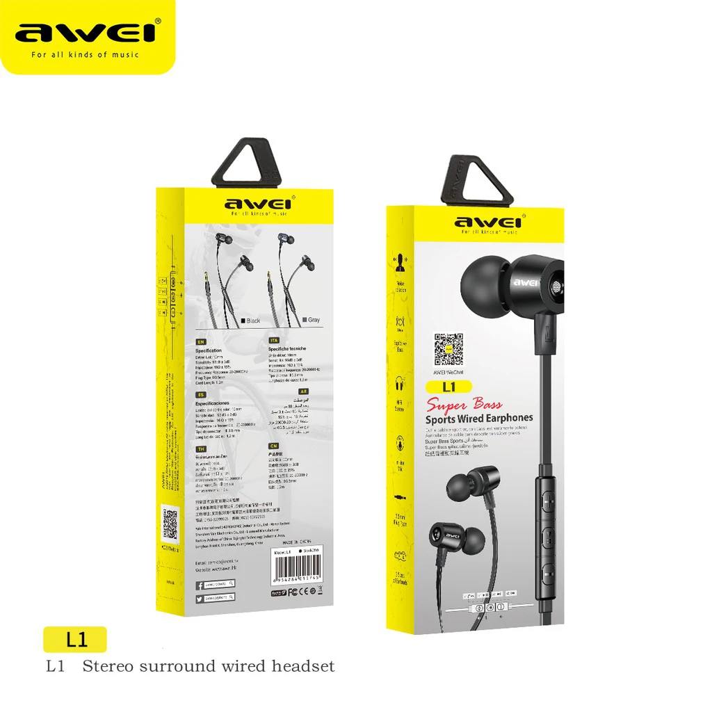 

Awei Brands 3.5mm Stereo In-Ear Headphones Sport Music Earbud Handfree Wired Headset Earphones with Mic for Xiaomi Huawei Iphone