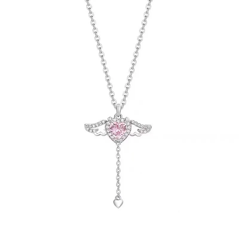 

Pink Cupid Heart Love Angel Wing Zircon Love Heart Mother's Day Gift Pendant Necklace Woman Girl Wedding Blessing Jewelry