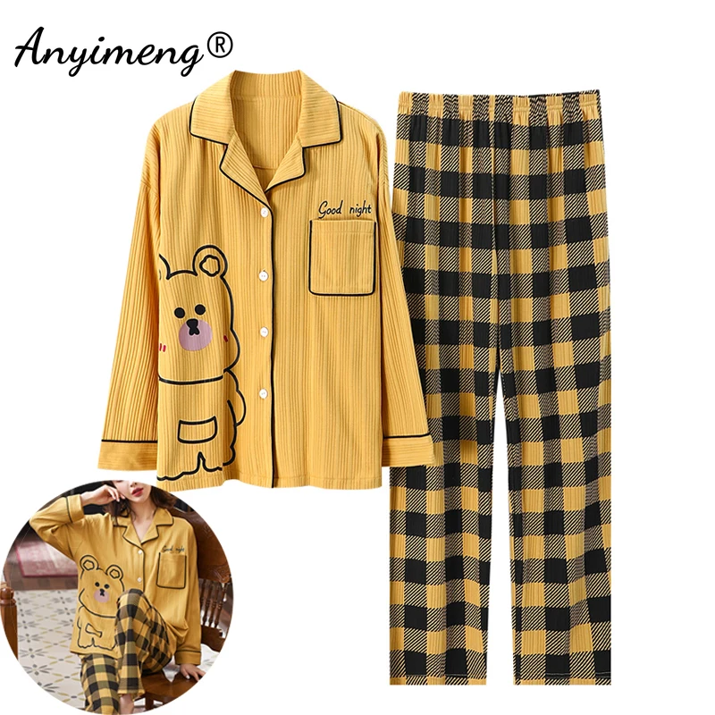 New Cotton Long Sleeve Cardigan Pajamas Set Spring Autumn Winter New Fashion Bears Printing Lapel Button Stylish Plaid Women Pjs
New Cotton Long Sleeve Cardigan Pajamas Set Spring Autumn Winter New Fashion Bears Printing Lapel Button Stylish Plaid Women Pjs