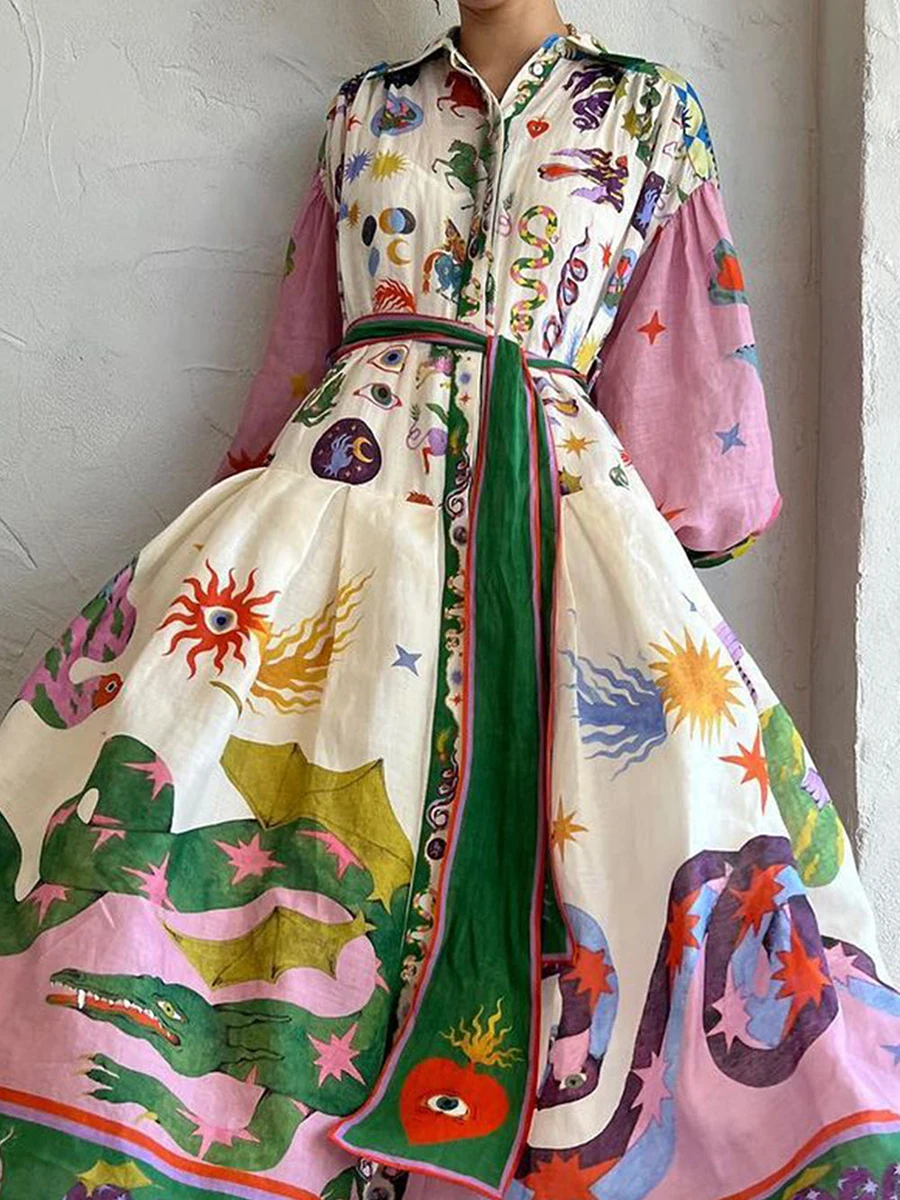 

Женское винтажное платье миди с поясом, свободное платье с длинным рукавом-фонариком и графическим принтом, пуговицами спереди и лацканами