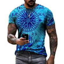 Navigation Compass Mens 3D Printed T-shirt Round Neck Short Sleeve Clothing Street Loose Avant-garde Casual Round Neck Top