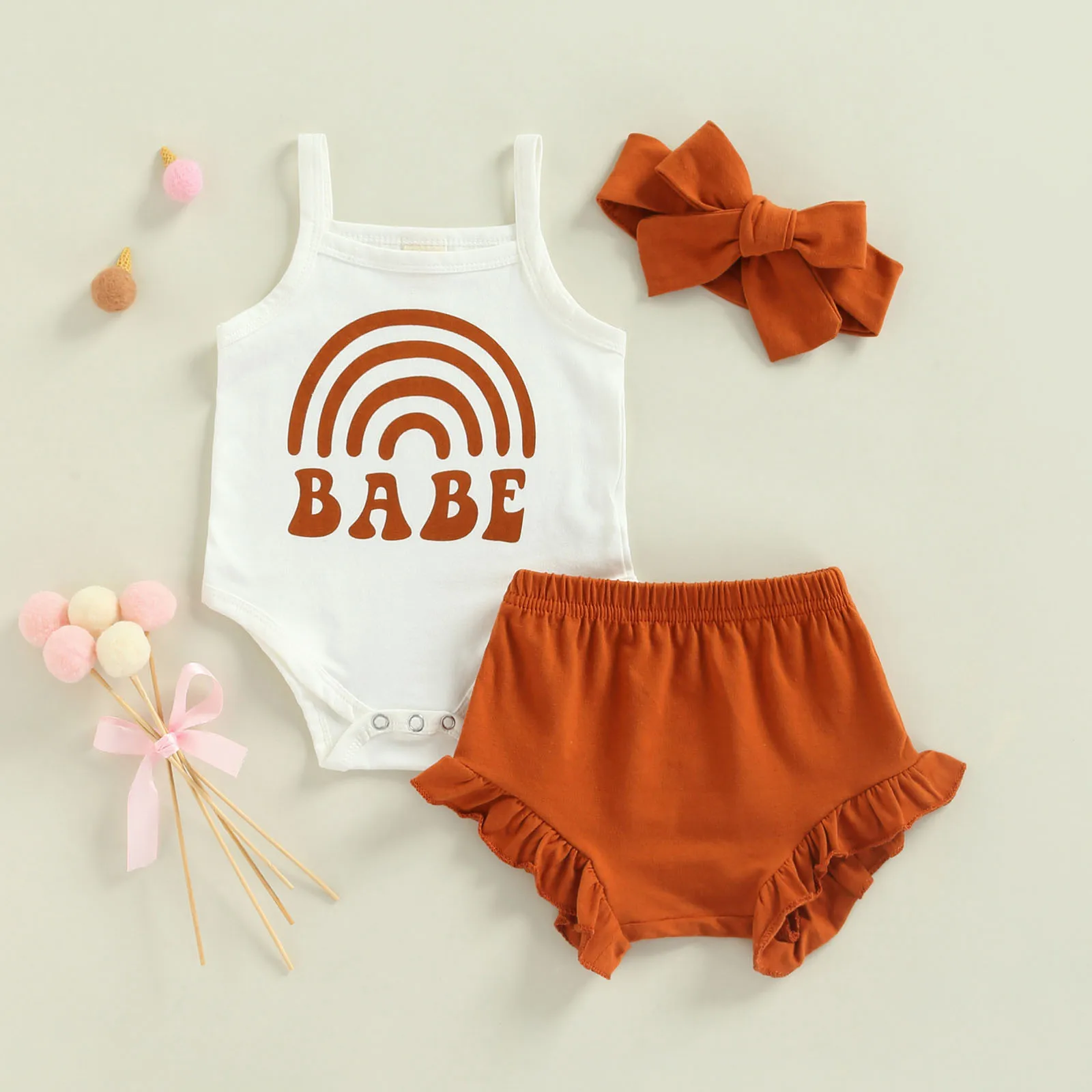 Baby Romper Set Letter Rainbow Print Sleeveless Sling Jumpsuit + High Waist Stretch Shorts + Soft Hairband
Baby Romper Set Letter Rainbow Print Sleeveless Sling Jumpsuit + High Waist Stretch Shorts + Soft Hairband