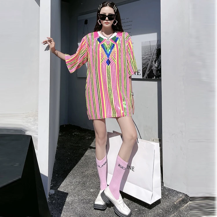 2022 Women Casual Hiphop T Shirt Streetwear Oversize Summer O-neck Stripe Pink Stripes Tshirts Loose Sequins Tee Tops
2022 Women Casual Hiphop T Shirt Streetwear Oversize Summer O-neck Stripe Pink Stripes Tshirts Loose Sequins Tee Tops