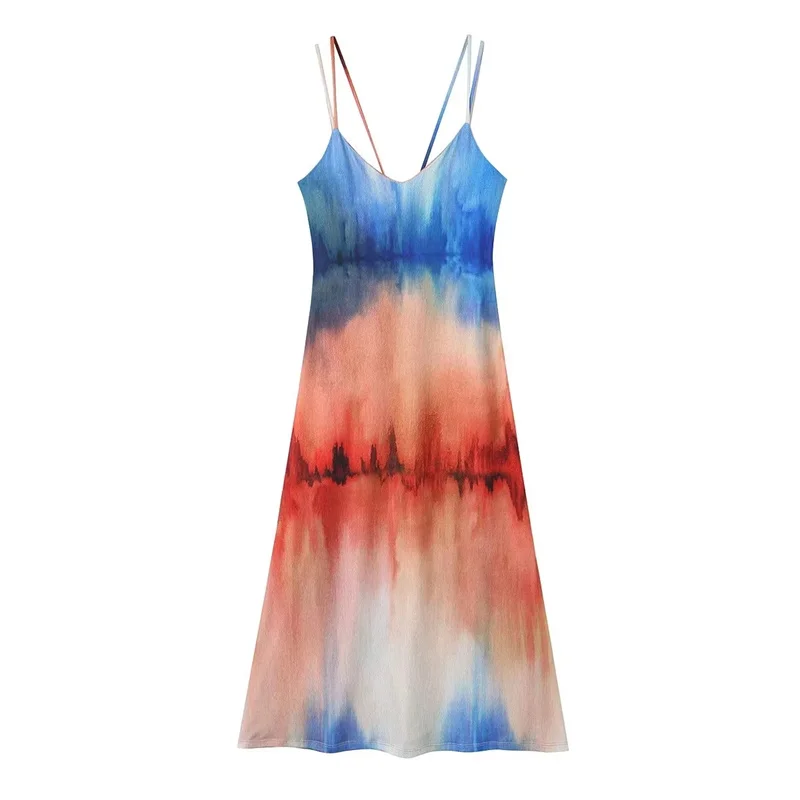 

TRAF Printed Strappy Dress New Summer V-neckline Narrow Straps Midi Sexy Dress For Women Elegant Tie Dye Print Beach Dress