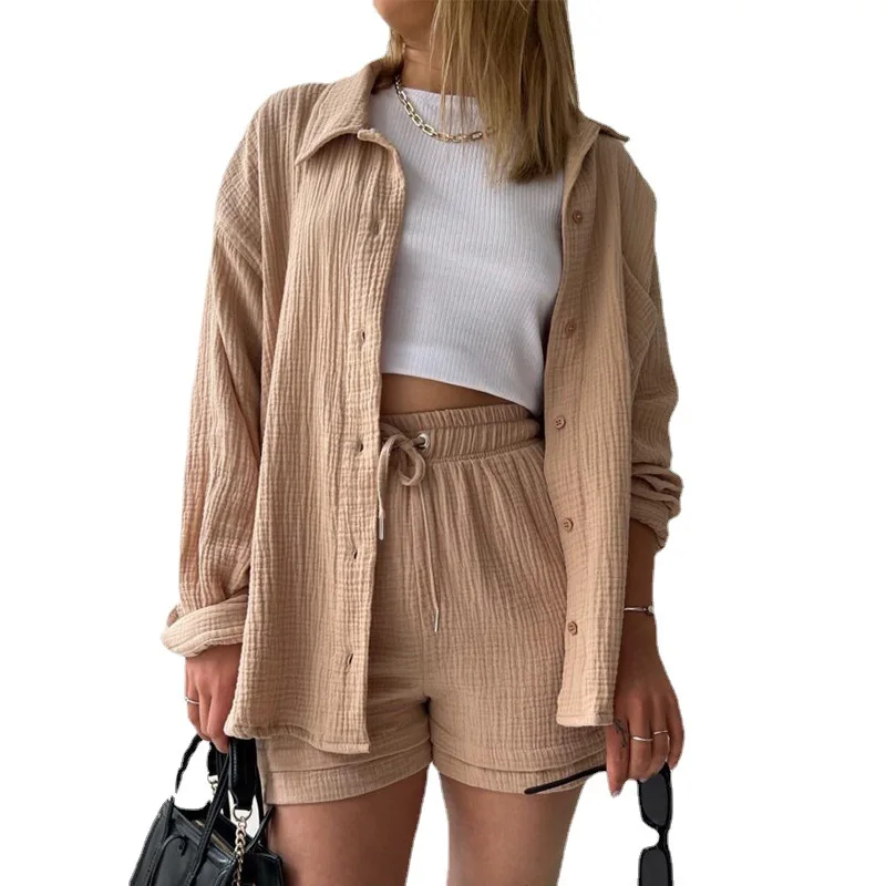 European American women's two-piece wrinkled fabric lapel long sleeved shirt high waisted drawstring shorts large fashion casual
European American women's two-piece wrinkled fabric lapel long sleeved shirt high waisted drawstring shorts large fashion casual