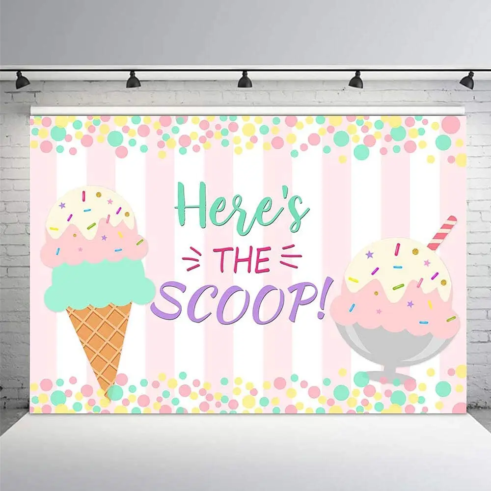 

Ice Cream Photography Backdrop Princess Girl Birthday Here's The Scoop Party Banner Pink Stripes Colorful Polka Dots Background