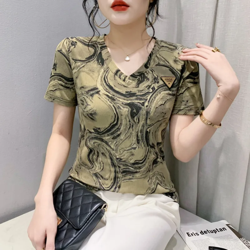 Summer Tie Dye Printed T Shirt Women Short Sleeve Tight Vintage Elasitc Cotton Korean Style Office Women's T-shirt V-neck
Summer Tie Dye Printed T Shirt Women Short Sleeve Tight Vintage Elasitc Cotton Korean Style Office Women's T-shirt V-neck