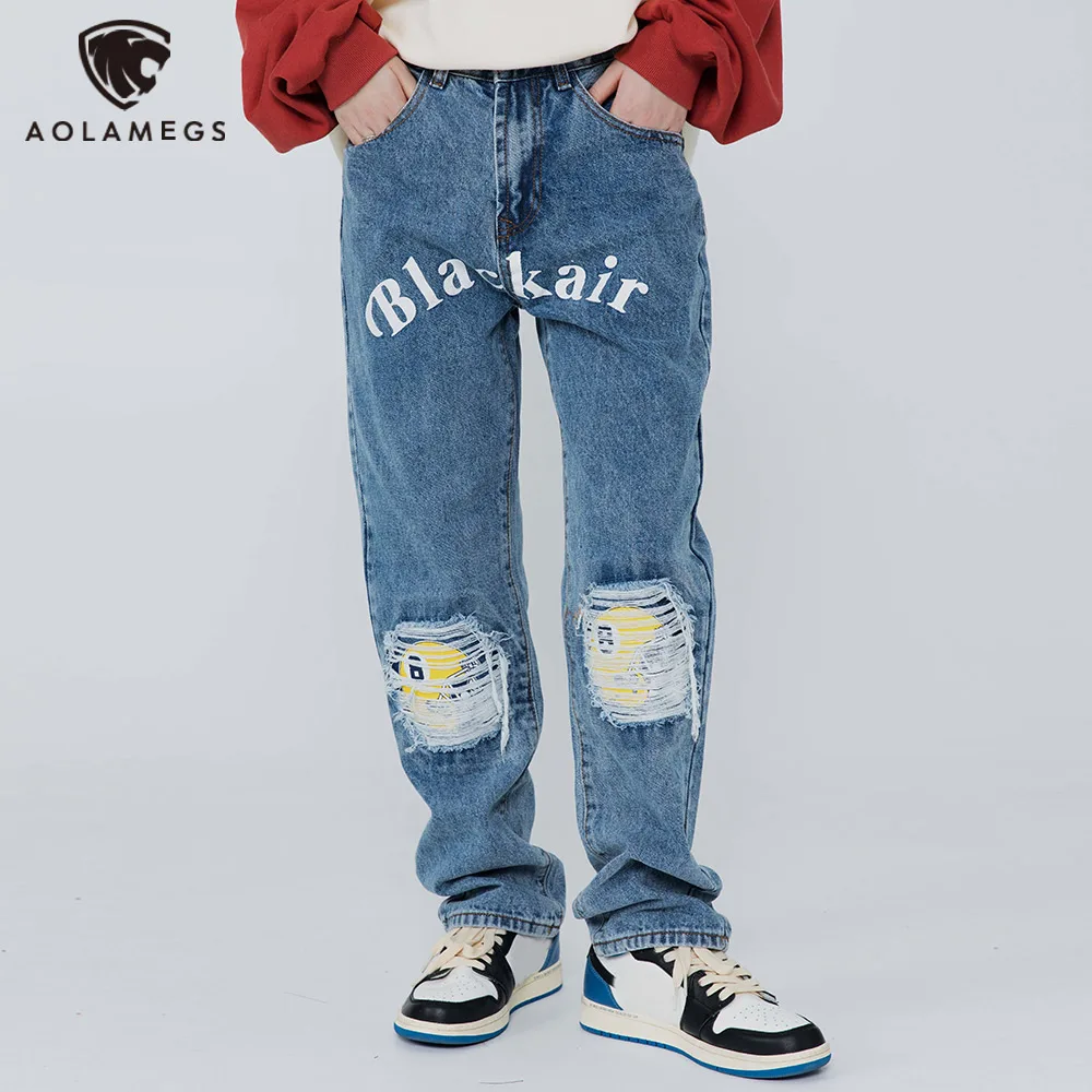 Мужские джинсы с дырками Aolamegs, свободные прямые джинсы в стиле хип-хоп, рок, джинсы хипстера, уличная одежда 
Мужские джинсы с дырками Aolamegs, свободные прямые джинсы в стиле хип-хоп, рок, джинсы хипстера, уличная одежда