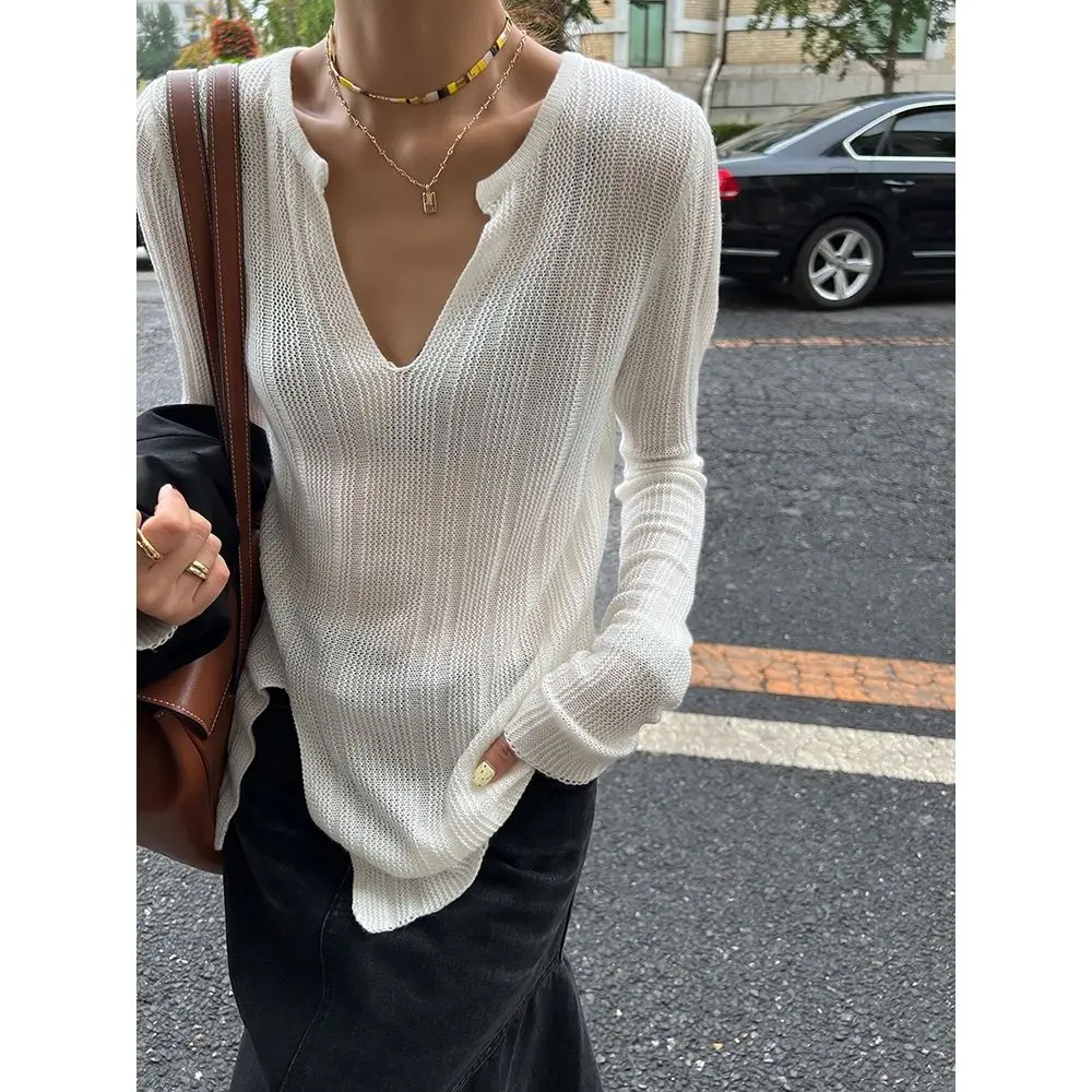 Spring Summer Slim V-neck Top Female Knitted Lazy Long Sleeve Temperament Thin Sunscreen T Shirt Loose Top Women Clothing
Spring Summer Slim V-neck Top Female Knitted Lazy Long Sleeve Temperament Thin Sunscreen T Shirt Loose Top Women Clothing