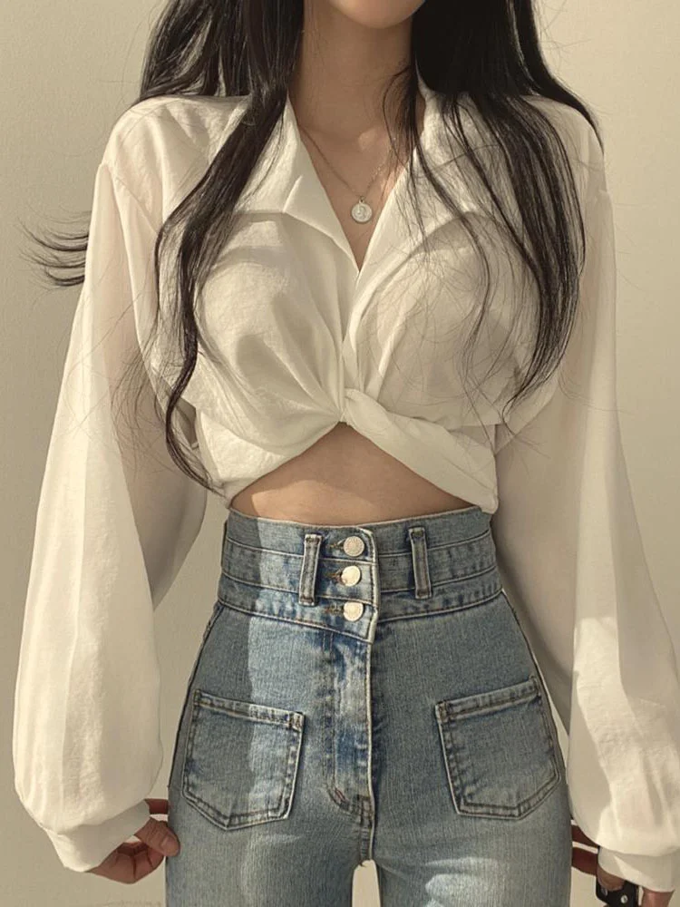 Women Sexy Slim Thin Blouse Korean Chic Casual Crop Shirt Tops Female Summer Back Lace-up Bow Design Long Sleeve Short Shirt
Women Sexy Slim Thin Blouse Korean Chic Casual Crop Shirt Tops Female Summer Back Lace-up Bow Design Long Sleeve Short Shirt