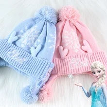 New Frozen anime cartoon cute Elsa princess cute childrens knitted hat creative kawaii thickened velvet warm hat holiday gift