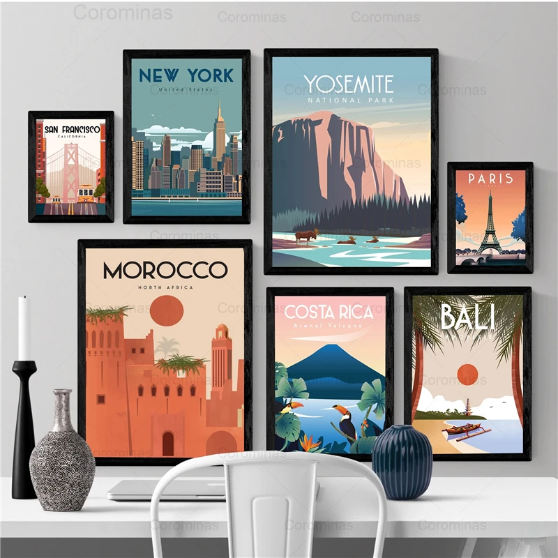 

Современное настенное искусство, город, путешествия, марокканский ландшафт, плакат, Париж, Нью-Йорк, холст, живопись, модульная печать, карти...