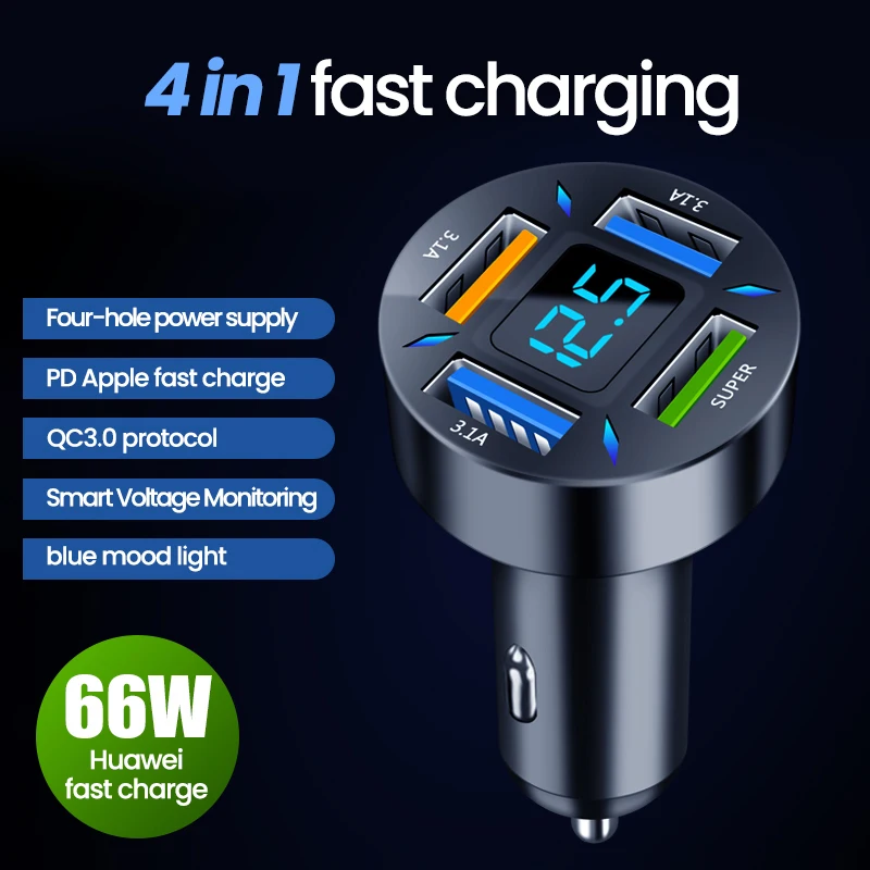 66W 4 Ports USB Car Charger Fast Charging PD Quick Charge 3.0 USB C Car Phone Charger Adapter For iPhone 13 12 Xiaomi Samsung
66W 4 Ports USB Car Charger Fast Charging PD Quick Charge 3.0 USB C Car Phone Charger Adapter For iPhone 13 12 Xiaomi Samsung