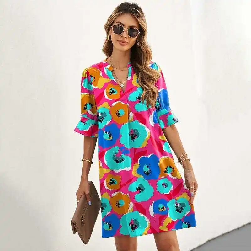 Loose Ruffled Sleeves Womens Dress Spring Summer Half V Neck Floral Printed A Line Skirt
Loose Ruffled Sleeves Womens Dress Spring Summer Half V Neck Floral Printed A Line Skirt