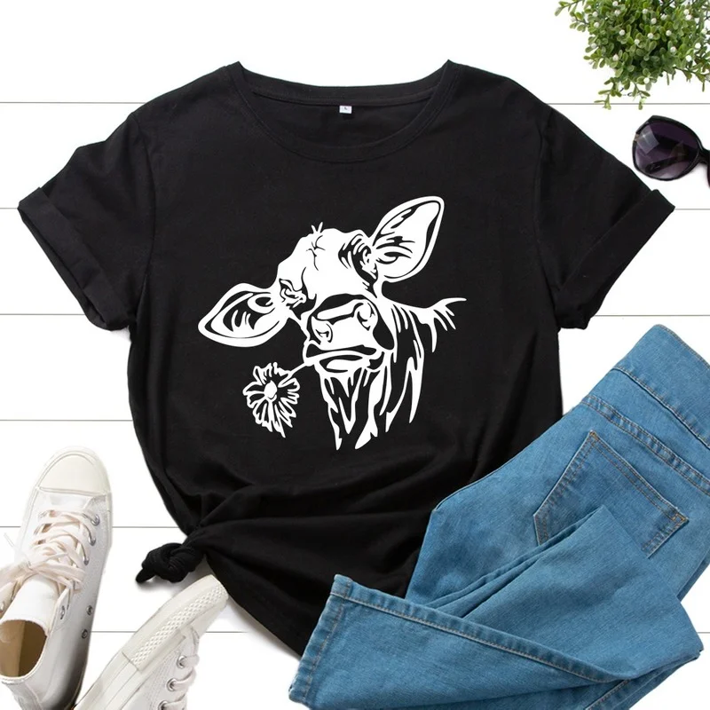 Summer Casual Women Daily Short Sleeve Female Regular Graphic 100% Cotton T-shirt Cattle Flower Print Ladies Round Neck Tee Tops
Summer Casual Women Daily Short Sleeve Female Regular Graphic 100% Cotton T-shirt Cattle Flower Print Ladies Round Neck Tee Tops