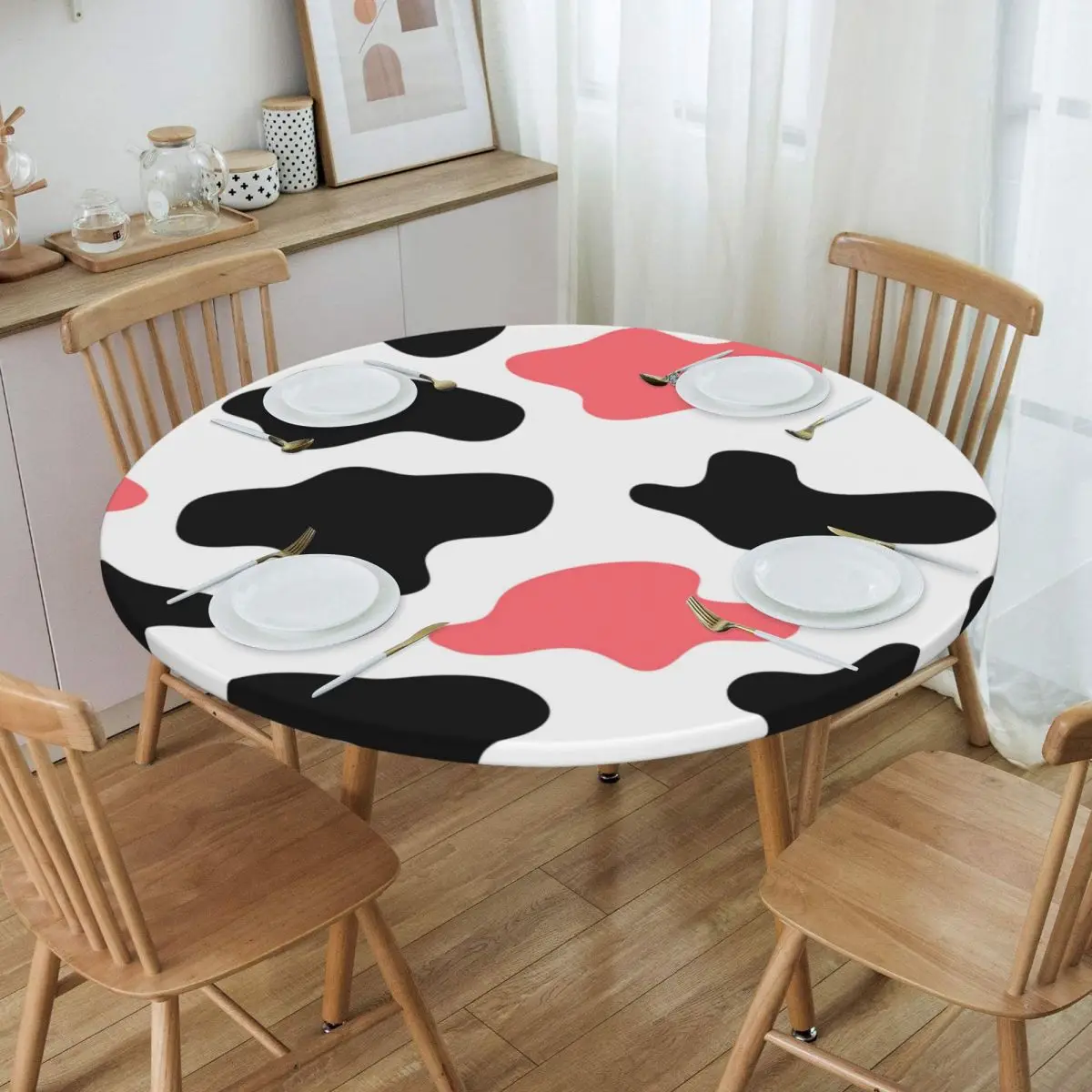 

Round Oilproof Cow Spots Table Cover Elastic Fitted Texture Animal Skin Table Cloth Backed Edge Tablecloth for Picnic